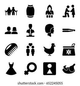 Female icons set. set of 16 female filled icons such as chicken, comb, man and woman, hair straightener, make up bag, casino girl, female wc, skirt, dress, bust, couple, face