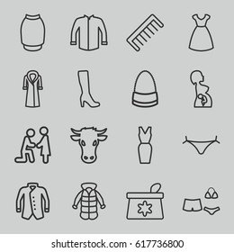 Female icons set. set of 16 female outline icons such as cow, panties with heart, make up bag, comb, woman boot, dress, jacket, bag, skirt, overcoat, pregnant woman, swimsuit