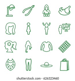 Female icons set. set of 16 female outline icons such as chicken, woman, salon hair dryer, hair curler, woman hairstyle, hairstyle, necklace, Casino girl, blouse, shopping bag