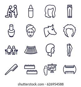 Female icons set. set of 16 female outline icons such as cow, child building kit, comb, nail polish, lipstick, hairstyle, spa mask, tights, woman pants, skirt, face, teacher