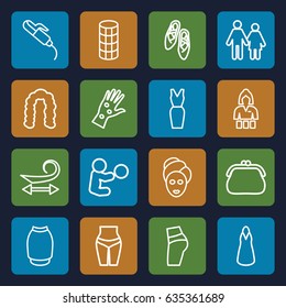 Female icons set. set of 16 female outline icons such as curly hair, hairstyle, spa mask, hair curler, casino girl, dress, skirt, arm rash, ballet shoes, purse, couple