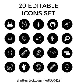 Female icons. set of 20 editable filled and outline female icons such as comb, sport bra, dress, woman symbol, arm rash, swimsuit, animal fang, woman hairstyle, spa mask