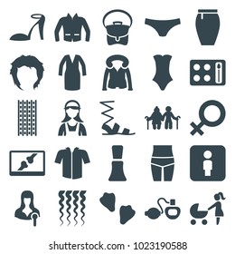 Female icons. set of 25 editable filled female icons such as nail polish, hairstyle, heel sandals, sandals, swimsuit, dress, bag, skirt, jacket, overcoat, old couple