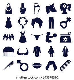 Female icons set. set of 25 female filled icons such as cow, comb, nail polish, woman hairstyle, nail, woman face with flower in hair, make up bag, necklace, bra, dress