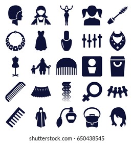 Female icons set. set of 25 female filled icons such as man wc, nail polish, comb, female, girl, perfume, woman hairstyle, curly hair, mascara, necklace, maid, mannequin