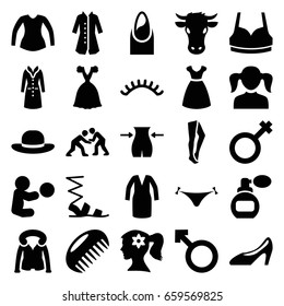 Female icons set. set of 25 female filled icons such as cow, comb, perfume, girl, panties with heart, nail, woman face with flower in hair, dress, slim, eyelashes, tights