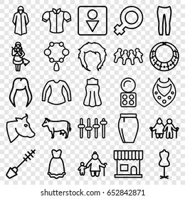 Female icons set. set of 25 female outline icons such as cow, woman hairstyle, beauty salon, mascara, necklace, eyeshadow palette, hairstyle, male wc, maid, mannequin
