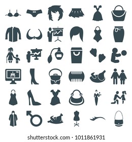 Female icons. set of 36 editable filled female icons such as chicken, comb, perfume, woman bag, bra, woman shoe, overcoat, female underwear, jacket, bag, dress, shopping bag
