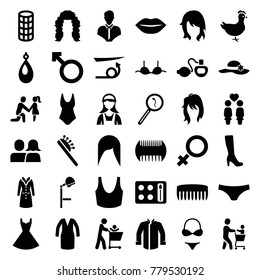 Female icons. set of 36 editable filled female icons such as comb, woman hairstyle, straight hair, hair brush, woman boot, hair curler, earring, sport bra, bra, dress