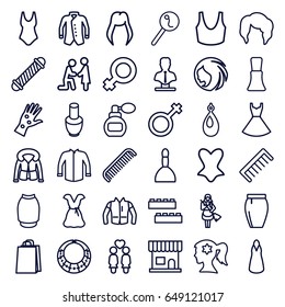 Female icons set. set of 36 female outline icons such as child building kit, woman hairstyle, perfume, nail polish, comb, beauty salon, spa bag, hair curler