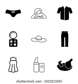 Female icons. set of 9 editable filled and outline female icons such as chicken, eyeshadow palette, female underwear, woman pants, skirt, jacket, lipstick, woman in spa
