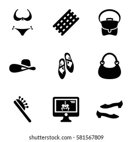 female icons set. Set of 9 female filled icons such as hair curler, hair brush, bikini, shoe, bag, woman hat, x-ray on display