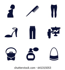 Female icons set. set of 9 female filled icons such as comb, perfume, heel sandals, bag, woman pants, pregnant woman