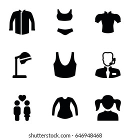 Female icons set. set of 9 female filled icons such as girl, salon hair dryer, sport bra, jacket, blouse, couple, help support