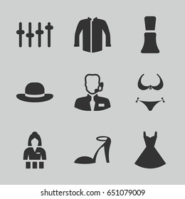 Female icons set. set of 9 female filled icons such as bikini, nail polish, heel sandals, casino girl, jacket, dress, woman hat, equalizer