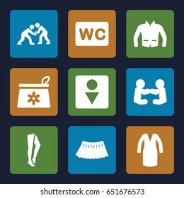 Female icons set. set of 9 female filled icons such as make up bag, wc, male wc, tights, dress, skirt, jacket, judo