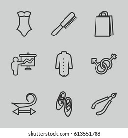 Female icons set. set of 9 female outline icons such as comb, curly hair, woman in spa, swimsuit, jacket, shopping bag, male and female, ballet shoes