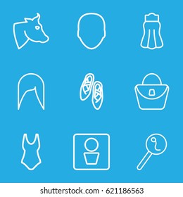 Female icons set. set of 9 female outline icons such as man WC, cow, face, woman hairstyle, woman bag, skirt, search sperm, ballet shoes
