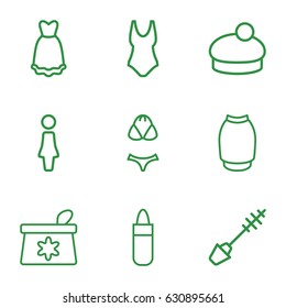 Female icons set. set of 9 female outline icons such as woman, lipstick, make up bag, mascara, skirt, woman hat, dress, swimsuit