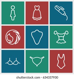 Female icons set. set of 9 female outline icons such as animal fang, woman hairstyle, woman, hair curler, bra, blouse, bladder, dress