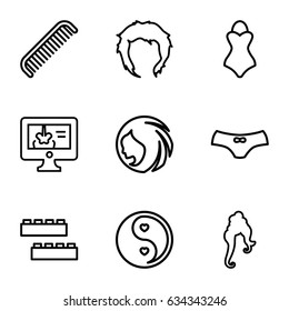 Female icons set. set of 9 female outline icons such as child building kit, woman hairstyle, comb, hairstyle, female underwear, yin yang, x-ray on display