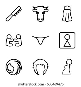 Female icons set. set of 9 female outline icons such as cow, comb, woman hairstyle, hairstyle, skirt, pregnant woman