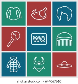 Female icons set. set of 9 female outline icons such as chicken, comb, woman hairstyle, bikini, wc, blouse, woman hat, overcoat