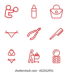 Female icons set. set of 9 female outline icons such as comb, panties with heart, lipstick, woman in spa, woman bag, eyeshadow palette, swimsuit, baby playing with toy