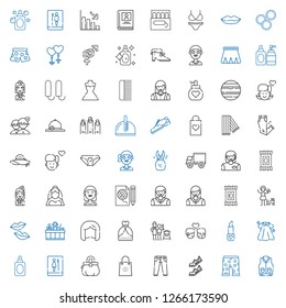 female icons set. Collection of female with jacket, swim suit, shoes, jeans, shopping bag, purse, toilet, perfume, dress, lipstick, couple. Editable and scalable female icons.