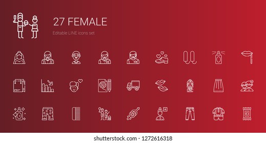 female icons set. Collection of female with jeans, add user, gender, family, comb, swim suit, perfume, stewardess, kiss, side view, fashion. Editable and scalable female icons.