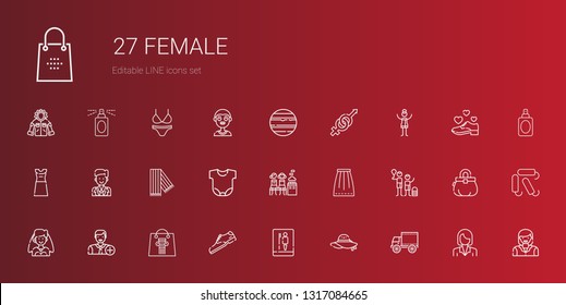 female icons set. Collection of female with side view, pamela, toilet, shoe, shopping bag, add user, bride, family, skirt, women only, body. Editable and scalable female icons.