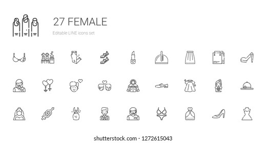 female icons set. Collection of female with wedding dress, bikini, woman, groom, dress, gender, bride, shoes, jacket, couple, boy, skirt, comb. Editable and scalable female icons.