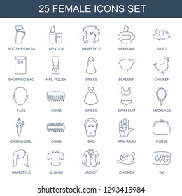 female icons. Trendy 25 female icons. Contain icons such as booty fitness, lipstick, hairstyle, perfume, skirt, shopping bag, nail polish, dress. female icon for web and mobile.