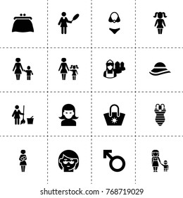 Female icons. vector collection filled female icons. includes symbols such as woman, floor wash, cleaner woman, maid, man sign, grandmother. use for web, mobile and ui design.