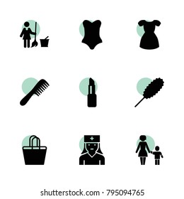 Female icons. vector collection filled female icons set.. includes symbols such as floor wash, dust brush, mother and son, nurse, comb. use for web, mobile and ui design.