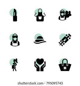 Female icons. vector collection filled female icons set.. includes symbols such as apron, maid, health insurance, pregnant, lipstick. use for web, mobile and ui design.
