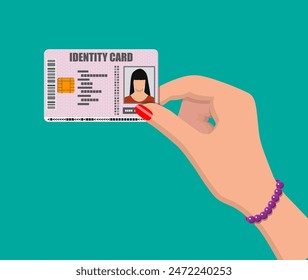 Female ID card in hand. Identity card, national id card, passport card with electronic chip and woman photo. Vector illustration in flat design