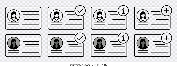 Female ID Card Icon Set – Driver’s License Identification Vector Symbols