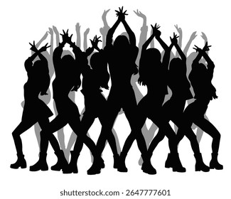 Female idol group silhouette, beautiful female group dancing on stage, icon isolated on white background	