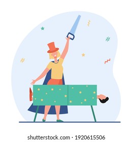 Female Illusionist Sawing Up Man. Saw, Box, Magician Flat Vector Illustration. Magic And Entertainment Concept For Banner, Website Design Or Landing Web Page