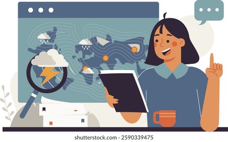 Female illustration explaining about the disaster that occurred. vector illustration with a weather theme with an interesting visual concept with a flat illustration design.