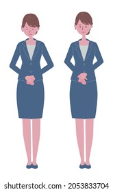 A female illustration set in a blue suit that cleverly gives a bow