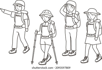 Female illustration set for hiking and mountain climbing (line drawing)