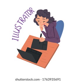 Female Illustrator, Freelance Designer, Creative Hobby or Profession Cartoon Style Vector Illustration on White Background