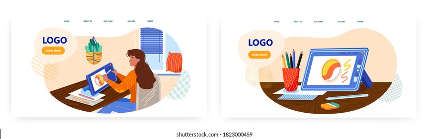Ilustradora y diseñadora gráfica femenina trabaja desde casa usando tableta digital. Ilustración de concepto de software de diseño gráfico y tecnología. Plantilla de diseño de sitios web vectores. Comprimido informático sobre un escritorio