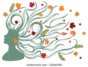 Female image of Autumn - face in profile with long hair with maple leaves - on white background - art vector