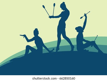 Female with indian clubs gymnast vector background