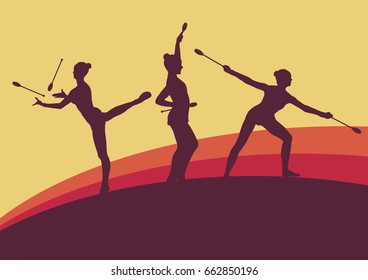 Female with indian clubs gymnast vector background