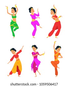 Female indian dancers. Cartoon characters female indian dancer, dance traditional ethnic, vector illustration