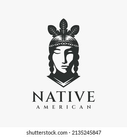 Female indian, native american logo icon vector illustration on dark background